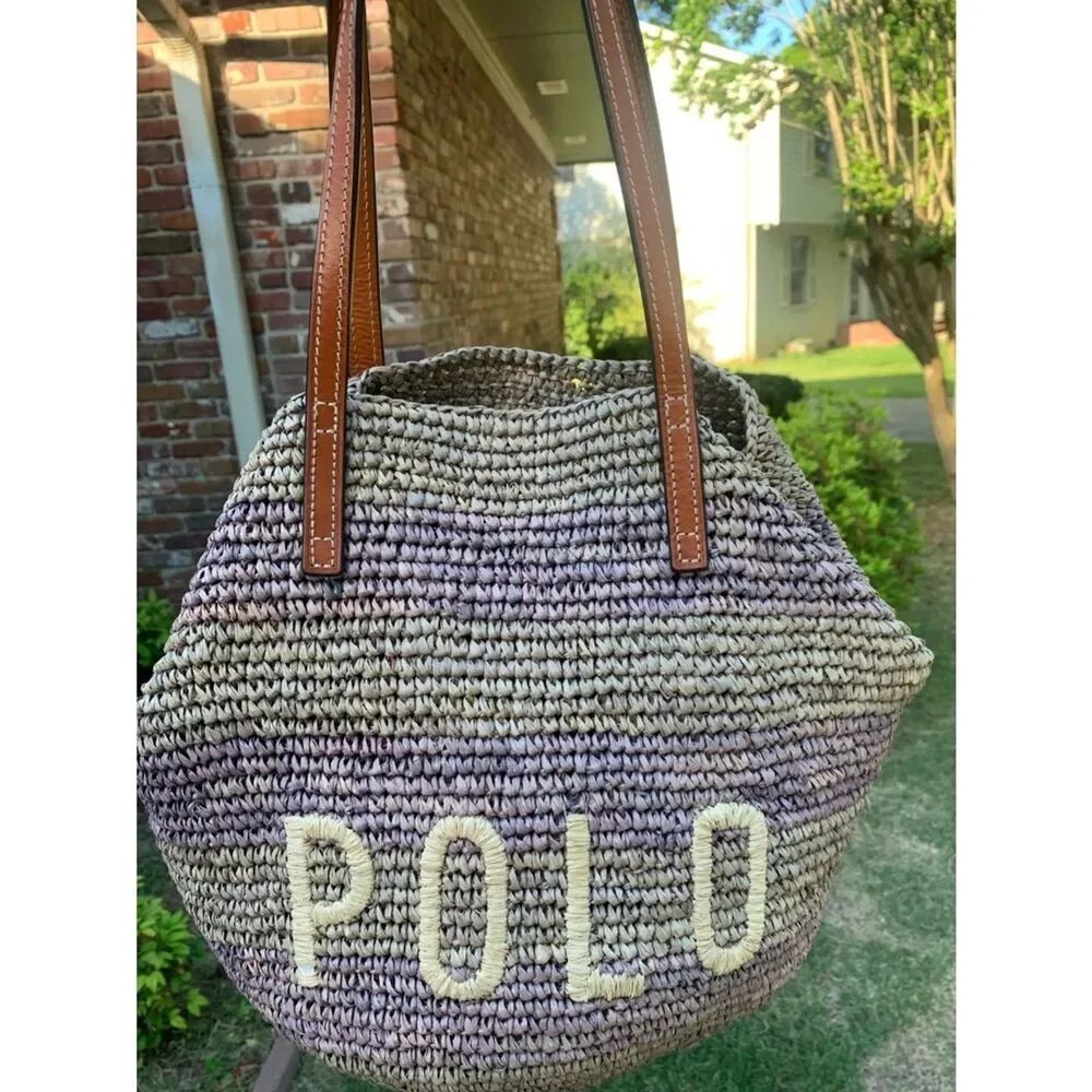 POLO RALPH LAUREN Woven Raffia Bucket LOGO Tote Bag Beach